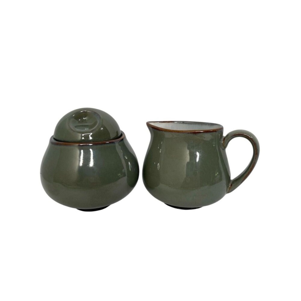 Sango Avocado Green Ceramic Creamer Sugar Set Brown Trim Rustic Farmhouse Cabin